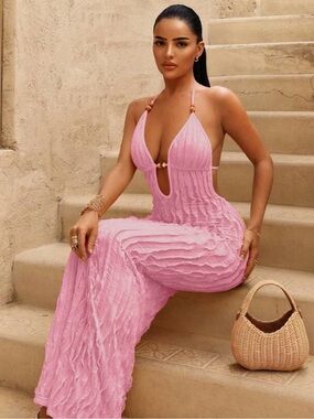 Pink Halter Deep V Maxi Dress